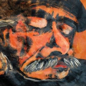 quadro vecchio – arte contemporanea-cansancio_old_man_reflection_peace_orange_black_original_moustache_athenea sosa